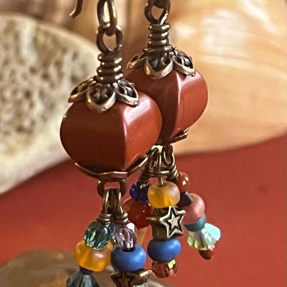 Red Jasper and Multicolor Boho Earrings, Colorful Beads Dangles, Wire Wrapped Ge - Picture 6 of 7